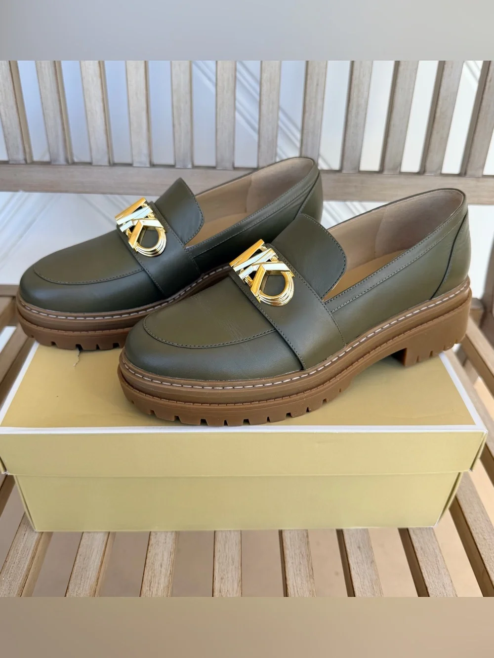 Michael Kors Parker Lug Loafers in Olive Leather with Gold MK Logo Hardware